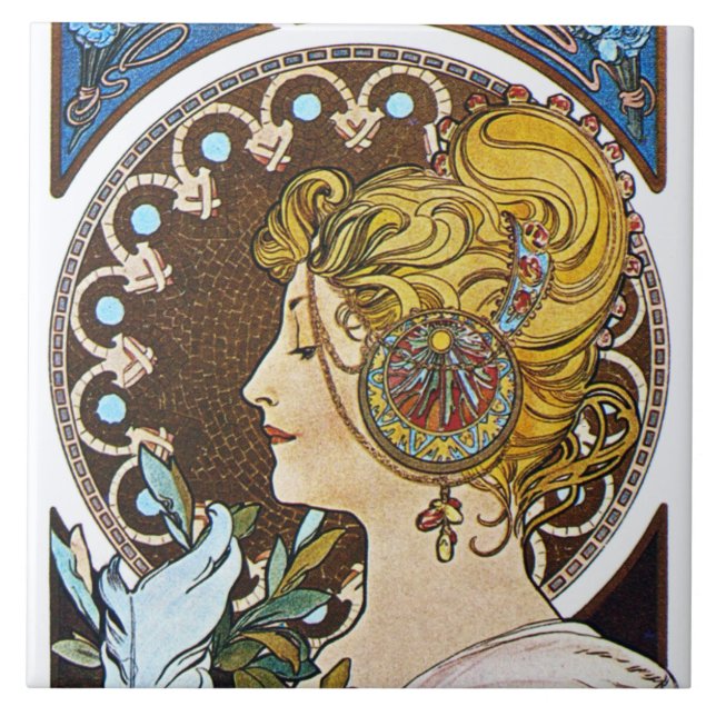 Mucha La Plume  Art Nouveau Tile Trivet Gift Box (Front)