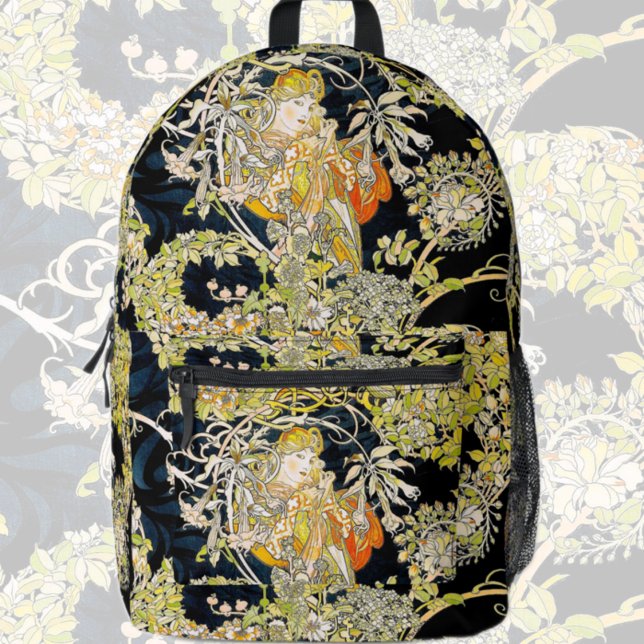 Mucha Lady with Flowers Printed Backpack (Creator Uploaded)