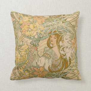 Mucha Lilies Language of Flowers Art Nouveau Cushion