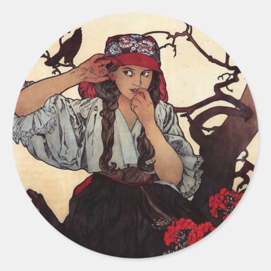 Mucha Moravian teachers girl raven sun nature Classic Round Sticker