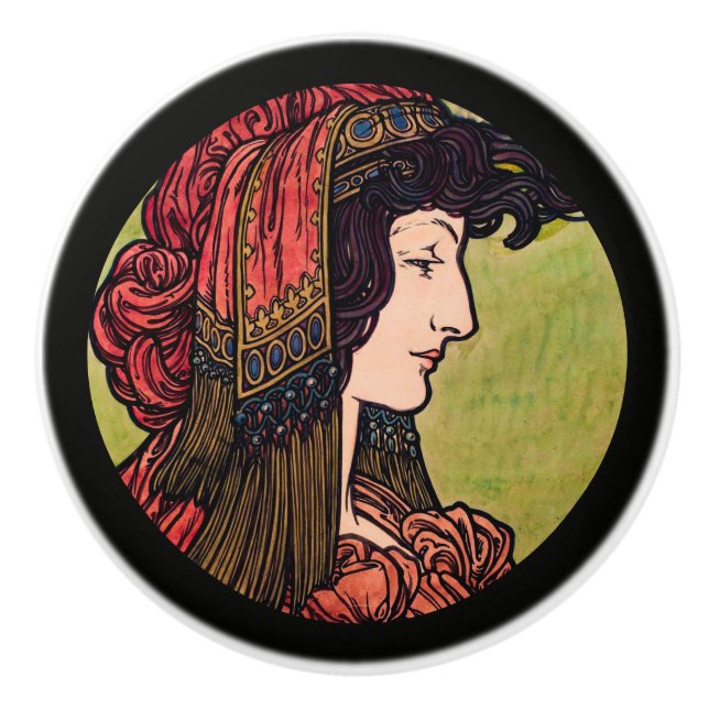 Mucha Stained Glass Beauty  Ceramic Knob (Front)