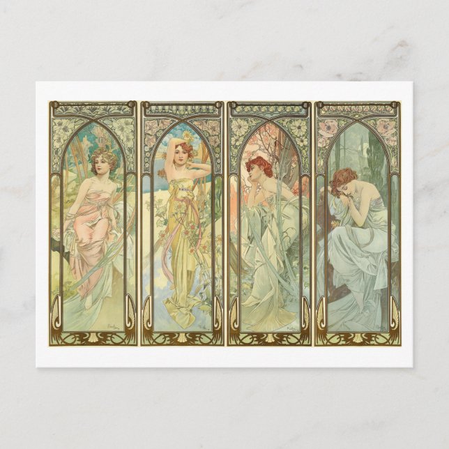 Mucha, Times of the Seasons, Art Nouveau Postcard (Front)