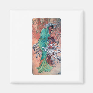 Mucha Winter art nouveau lady sparrows birds Magnet