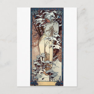mucha winter art nouveau poster woman snow postcard