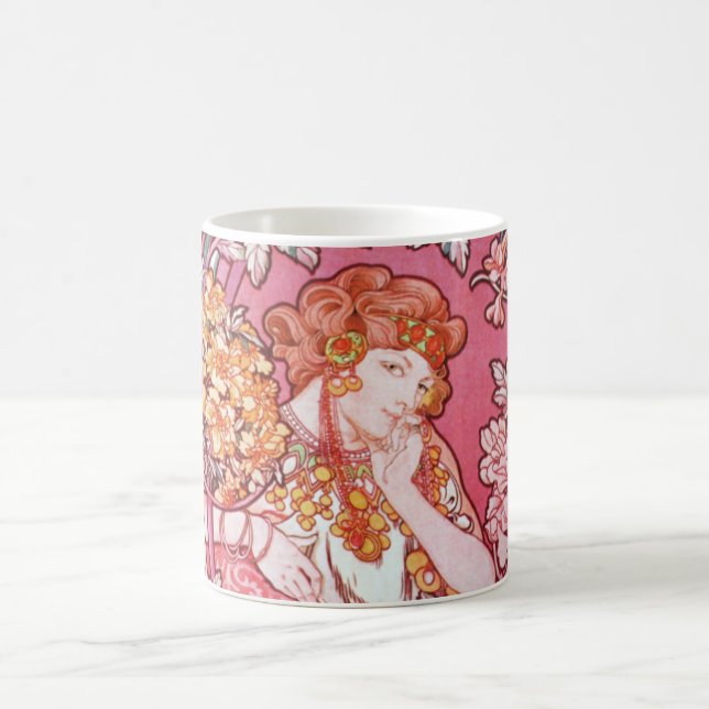 Mucha Woman Among the Flowers Art Nouveau Mug (Center)
