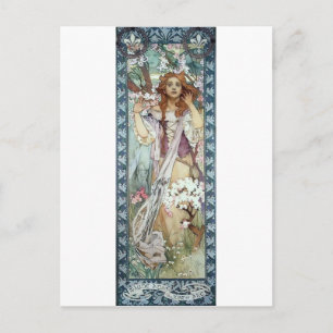 Mucha Woman Art Deco Flowers Spring blossoms Postcard