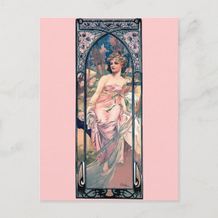 Mucha woman pink romantic dress art deco lady postcard