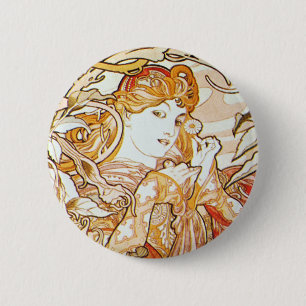 Mucha Woman With a Daisy Art Nouveau Button