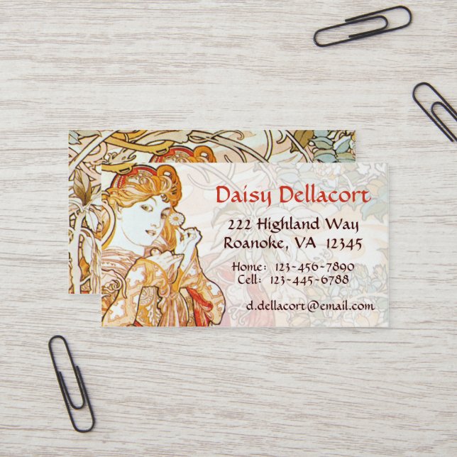 Mucha Woman With Daisy Art Nouveau Business Cards (Front/Back In Situ)