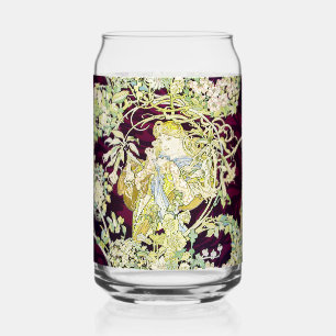 Mucha Woman with Daisy, Vintage Art Nouveau Can Glass