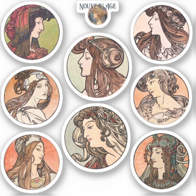 Mucha Women Portraits Circle Sticker Sheet (Front)