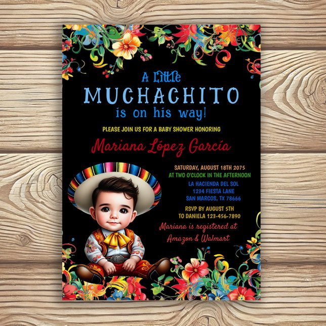 Muchachito Charro Fiesta Baby Shower Invitation (Adorable boy fiesta baby shower invitation with colorful flowers and charming baby boy.)