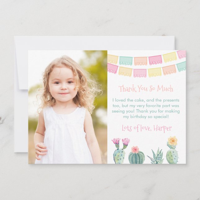 Muchas Gracias Papel Picado Cacti Birthday Picture Thank You Card (Front)