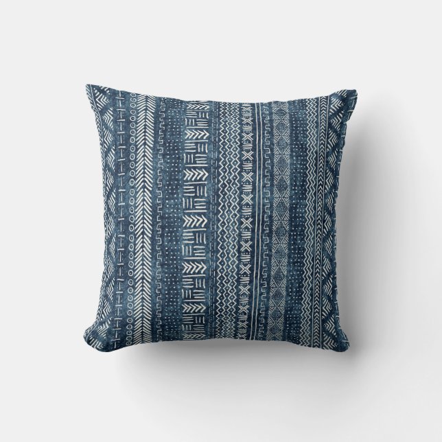 Mud Cloth Geometric Stripe Tribal Indigo Cushion (Front)