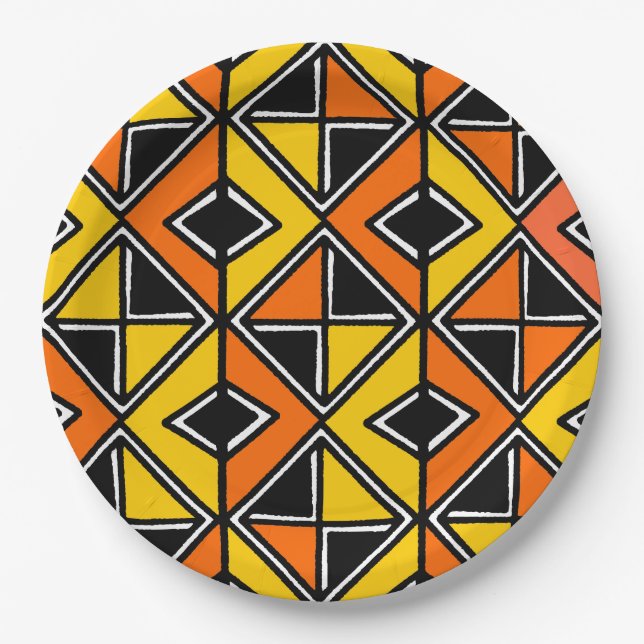 Mud Cloth Style 100215(2) - Amber and Orange Paper Plate (Front)