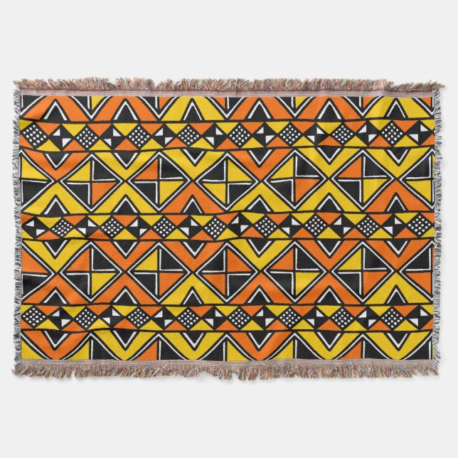 Mud Cloth Style 100215 - Amber and Orange Throw Blanket (Front)