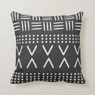 mudcloth pillow, white on black background, boho cushion