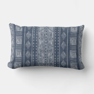Mudcloth Style Navy Blue and White Tribal Pattern Lumbar Cushion