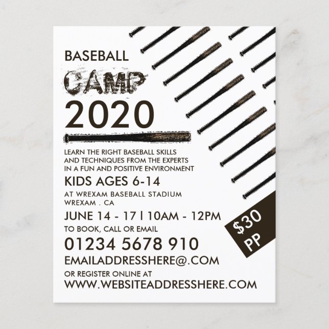 Muddy Baseball Bat, Baseball Camp Advertising Flyer (Front)