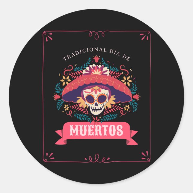 Muertos Skull Day of the Dead Classic Round Sticker (Front)