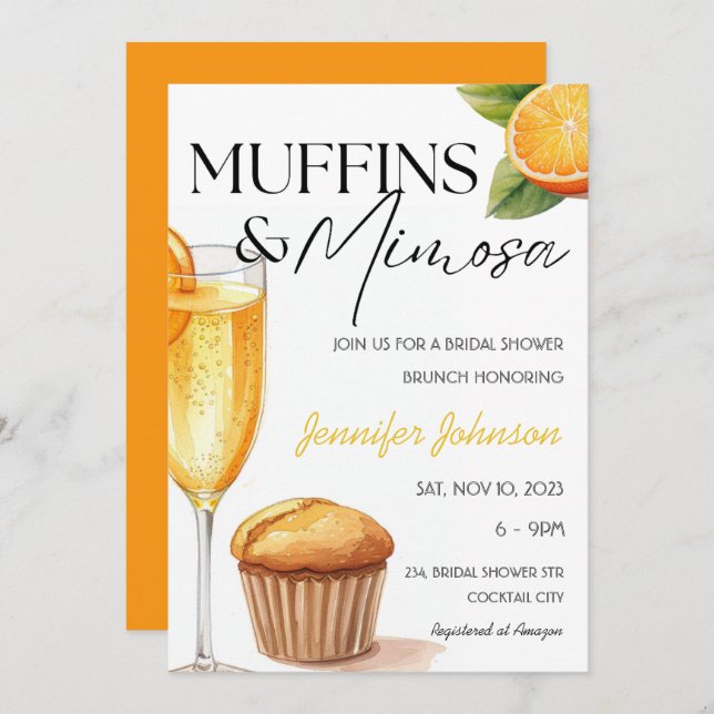 Muffins & Mimosa Orange Bridal Shower Brunch Invitation (Front/Back)