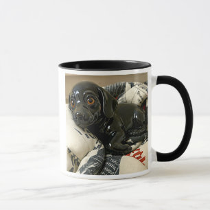 Mug 3D black puppy on cushions, original design.