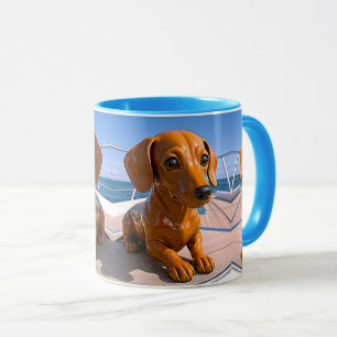 Mug 3D puppy lying on deck of a yacht.
