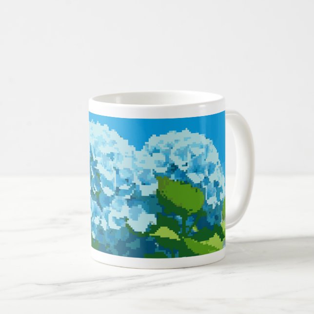 mug adorned with a pixel art blue hydrangeas (Front Right)