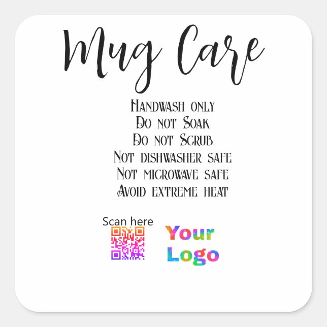Mug care instructions add business name logo detai square sticker (Front)