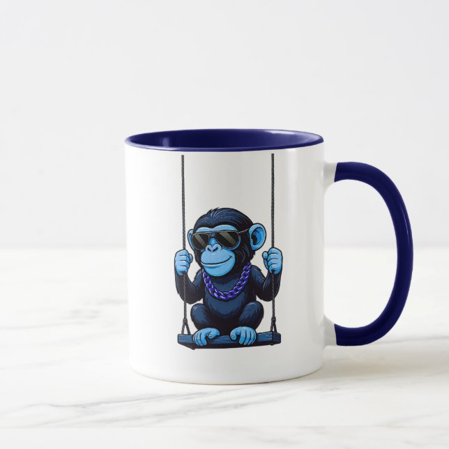 Mug cartoon stylized monkey cool blue on swing (Right)