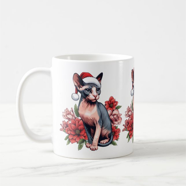 Mug | Christmas Sphynx Cat Wearing a Santa Hat (Left)