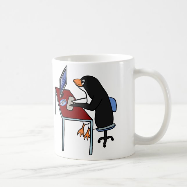 MUG: Cute Funny Penguin Working on Computer Coffee Mug (Right)