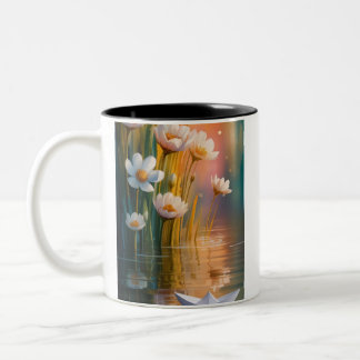 Mug Dreamy Paper Boat & White Flowers at Sunset – 