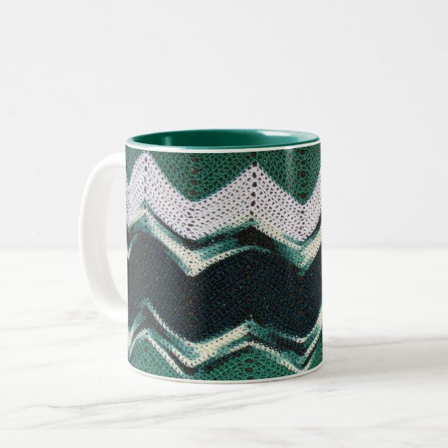 Mug - Green Chevron Pattern in Crochet (Front Left)