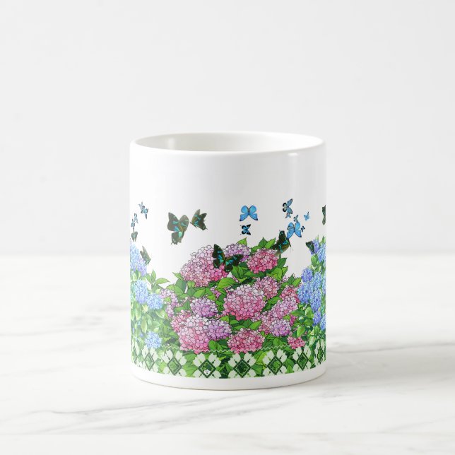 Mug Hydrangeas and Butterflies Pink, Blue, Green (Center)