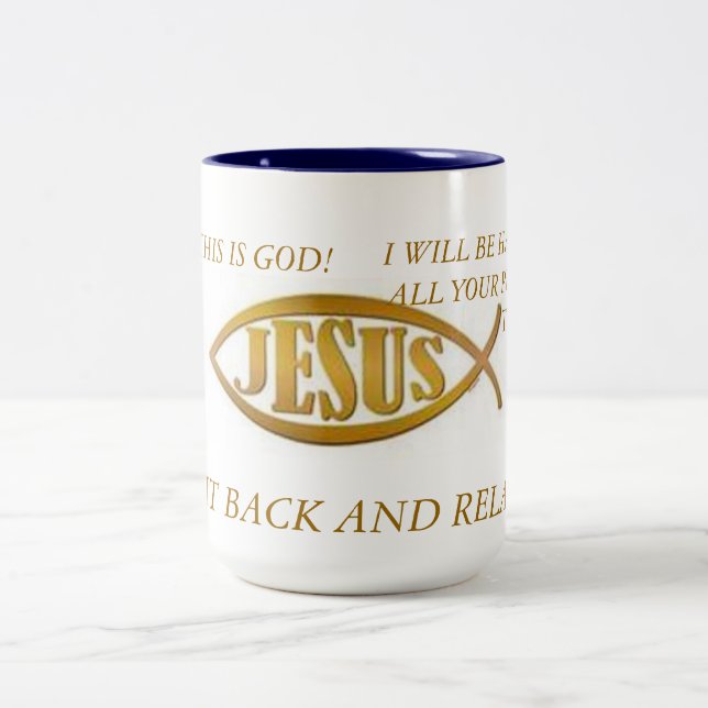 MUG  JESUS FISH BLAC INTERIOR  GOLD  EMBLEM ON WHI (Center)