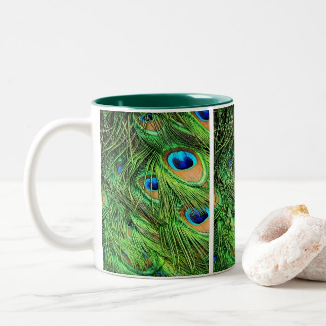 Mug,  Peacock Feathers Two-Tone Coffee Mug (With Donut)