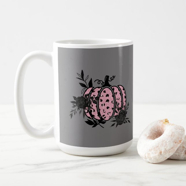 Mug, Pink and Black Leopard Pumpkin Coffee Mug (With Donut)