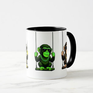 Mug series of cartoon monkeys on swings.