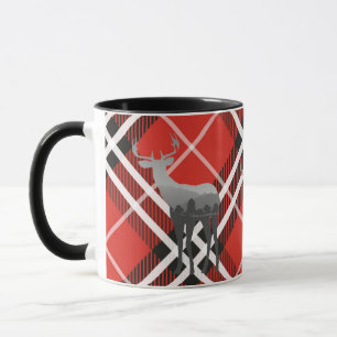 Mug-Two Tone-Red and Black Plaid with Deer Mug