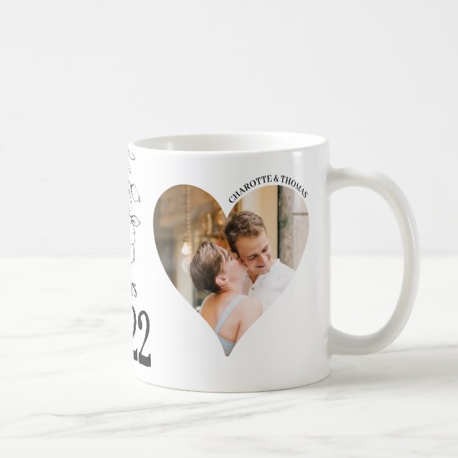 Mug with 2 heart-shaped photos, date, first names (Right)