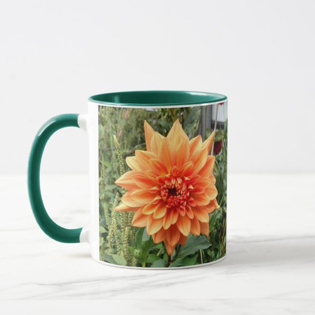 Mug with 2 photos of orange dahlias (Left)