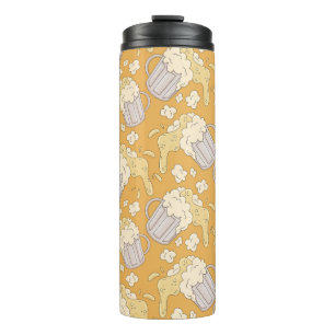 Mug with beer cartoon seamless pattern. Alcohol dr