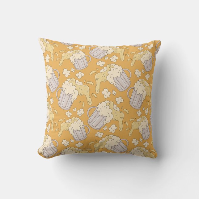 Mug with beer cartoon seamless pattern. Alcohol dr Cushion (Front)
