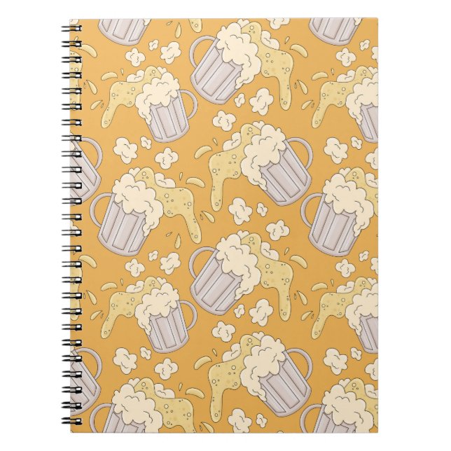 Mug with beer cartoon seamless pattern. Alcohol dr Notebook (Front)