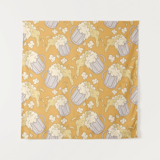 Mug with beer cartoon seamless pattern. Alcohol dr Tapestry (Front)