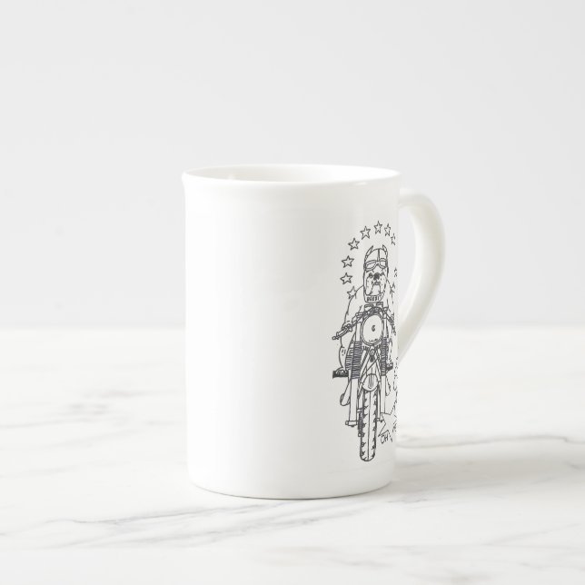 Mug with Brexit Dog Leaving Europe on a Motorcycle (Front Right)