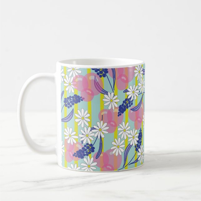 Mug with Bubbles, Stripes, Daisies, and Lupines (Left)