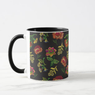 mug with embroidery - flowers on a black backgroun
