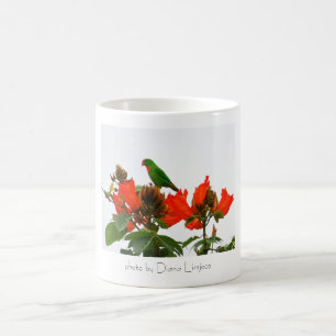 Mug with exotic tropical green and orange parrot
